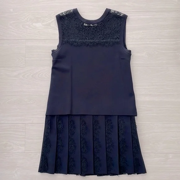 Valentino | Dresses | Valentino Navy Lace Panel Stretch Knit Dress W Lace  Trim Pleated Skirt | Poshmark